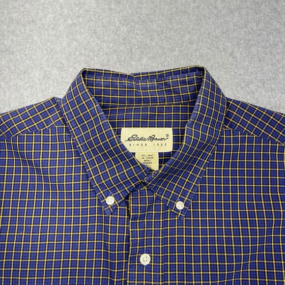 Eddie Bauer Button-Down Shirt Men’s Large Blue Yellow Windowpane Plaid LS - Picture 2 of 13